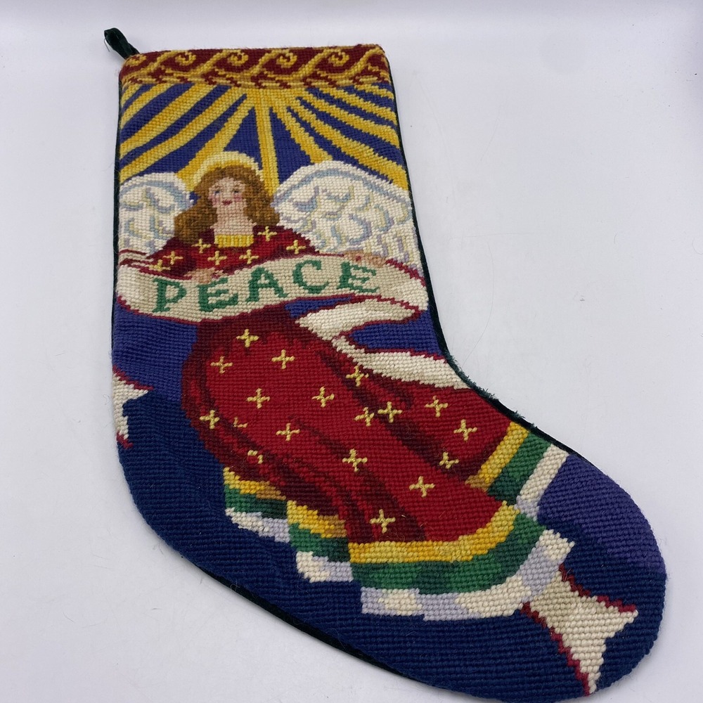 Needlepoint Stocking Angel Christmas Velvet Back Lined Hanger Handmade Read